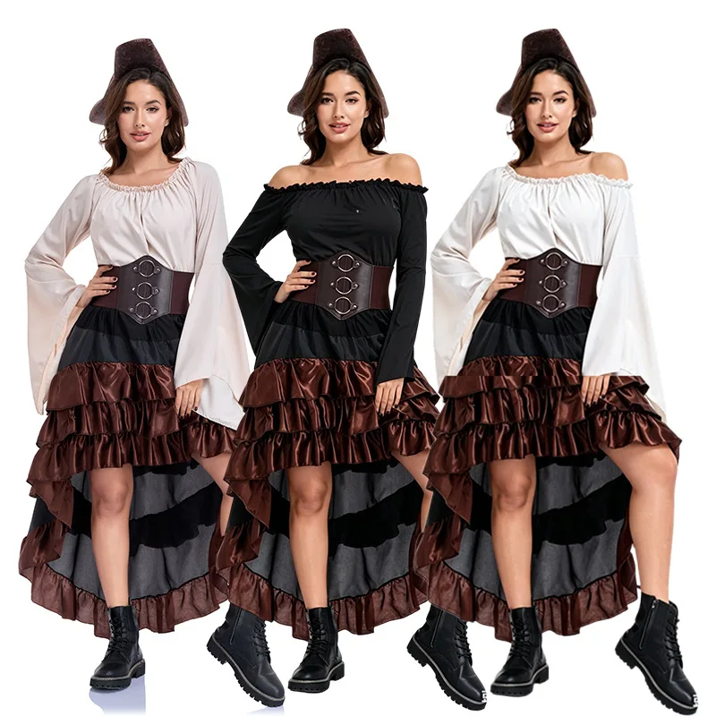 Vestido Largo Medieval de Estilo Vintage con Volantes en el Bajo y Cintura Ajustada con Corsé, Disfraz de Capitán Pirata o Navegante para Fiesta de Halloween