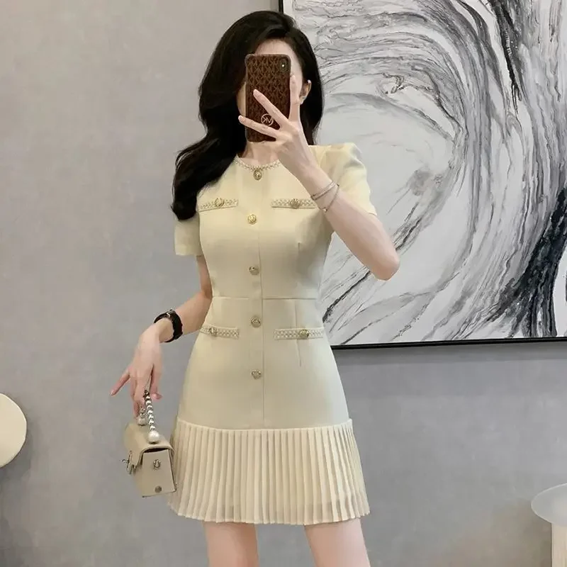 Elegantes Damenkleid mit Knöpfen, einfarbig, O-Ausschnitt, kurze Ärmel, modisches Sommerkleid mit Reißverschluss und Korsett, Midi-Länge