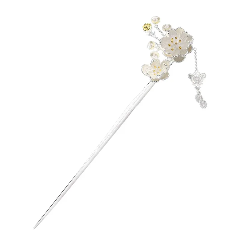 

Plum blossom fringed hairpin, natural pearl, antique Hanfu jewelry, women's retro step hairpin.