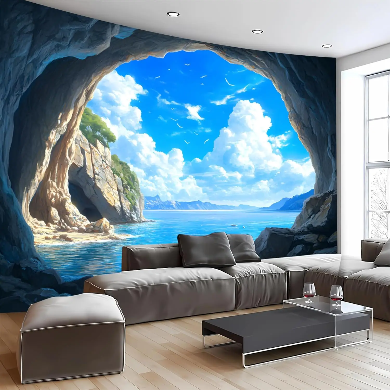 Nature Tapestry Forest Tree Sea Cave Wall Hanging, Stream Through Rainforest Landscape Wall Art Poster for Bedroom Living room