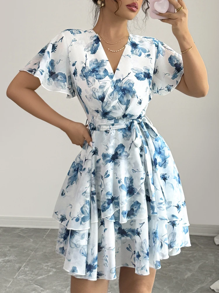 Robe à lacets imprimée pour femmes, robe florale, robe décontractée, robes élégantes, robes à manches courtes, robe de vacances, nouvelle mode d'été