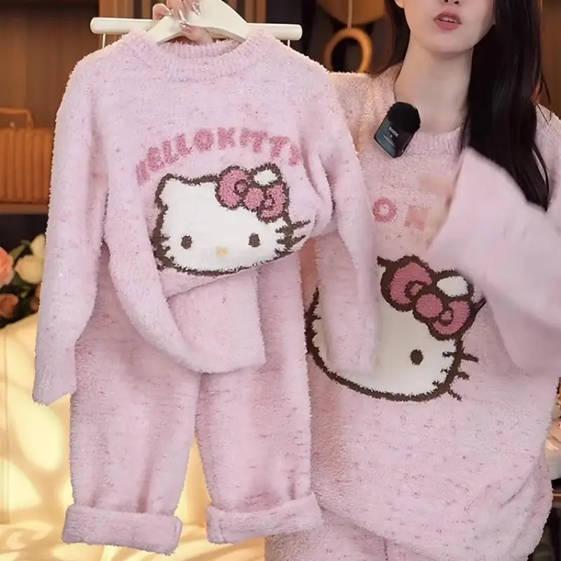 Kawaii Girl Pajamas Sanrios Cinnamoroll Hello Kitty Kids Teen Flannel Home Wear Set New for Autumn Winter Cartoon Leisure Wear