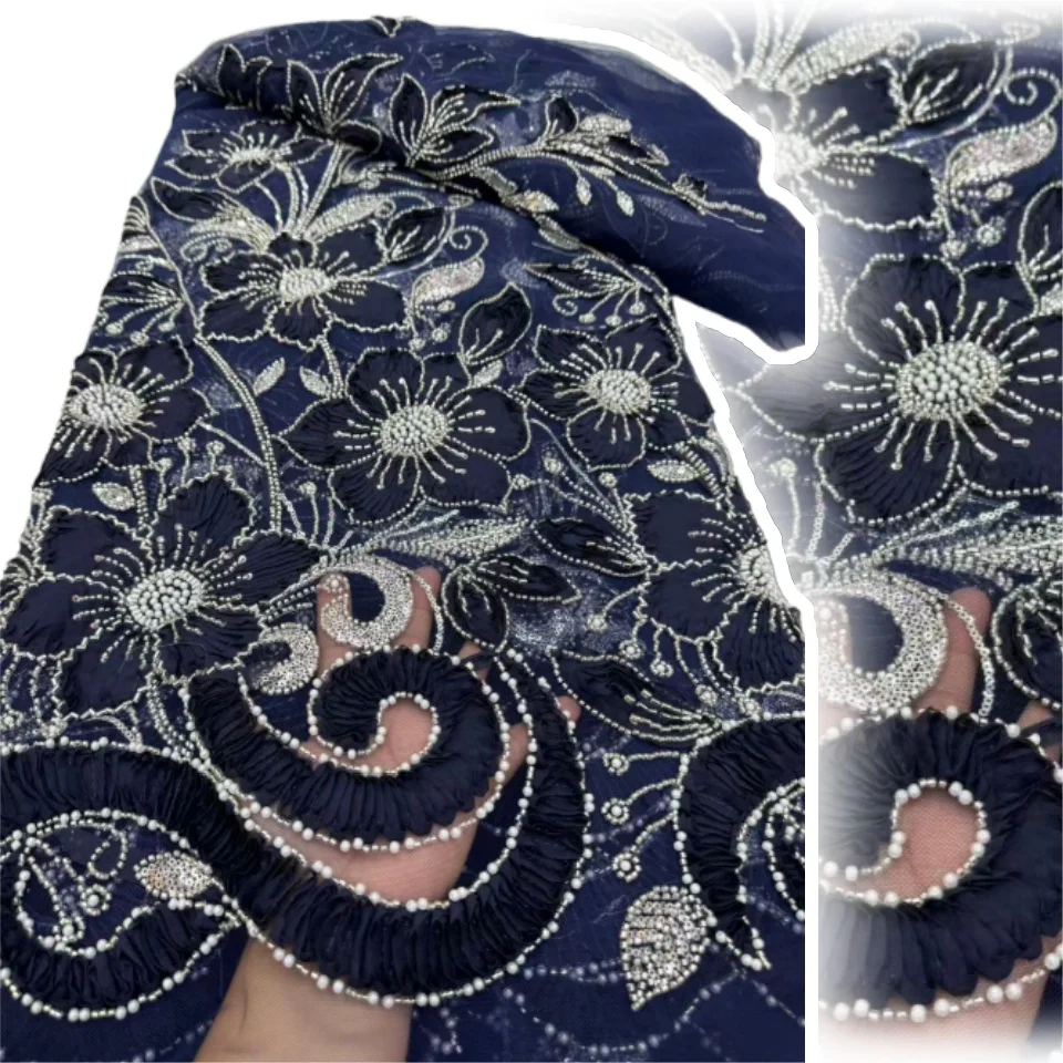 

Высококачественная африканская нигерийская элегантная вышитая бисером ткань, французская тюлевая кружевная ткань с блестками для свадебной вечеринки SZ1751