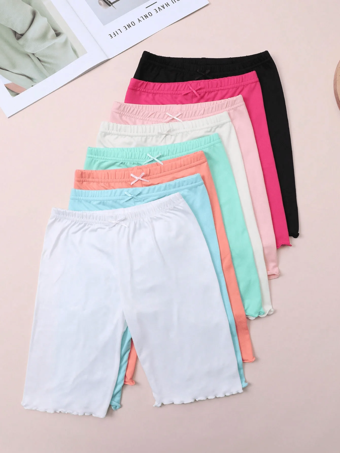 8Pcs Girls Ruffle Hem Leggings 2-11Y Soft Breathable Stretchy Polyester Spandex Kids Capri Pants For Anti-Exposure & Daily Wear