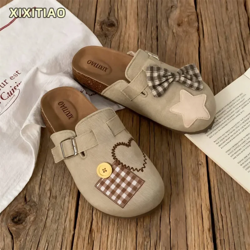 Women Retro Plaid Half Slippers Thin Strips Bow Decor Baotou Mules Lazy Autumn Winter Indoor Outdoor Comfortable Slip On