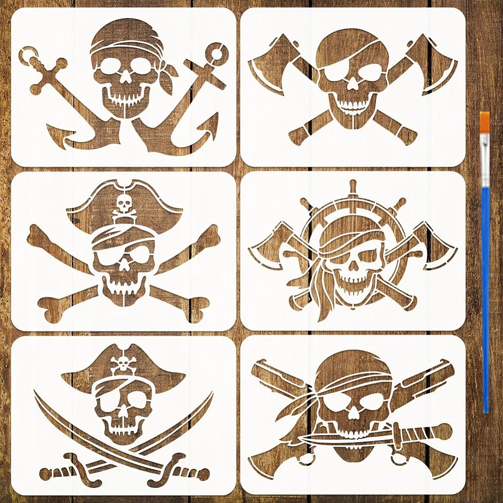 6PCS Pirate Painting Stencils with Paint Brush 8.3x11.7inch Anchor Rudder Drawing Template DIY Hat Bones Stencil Ocean Theme