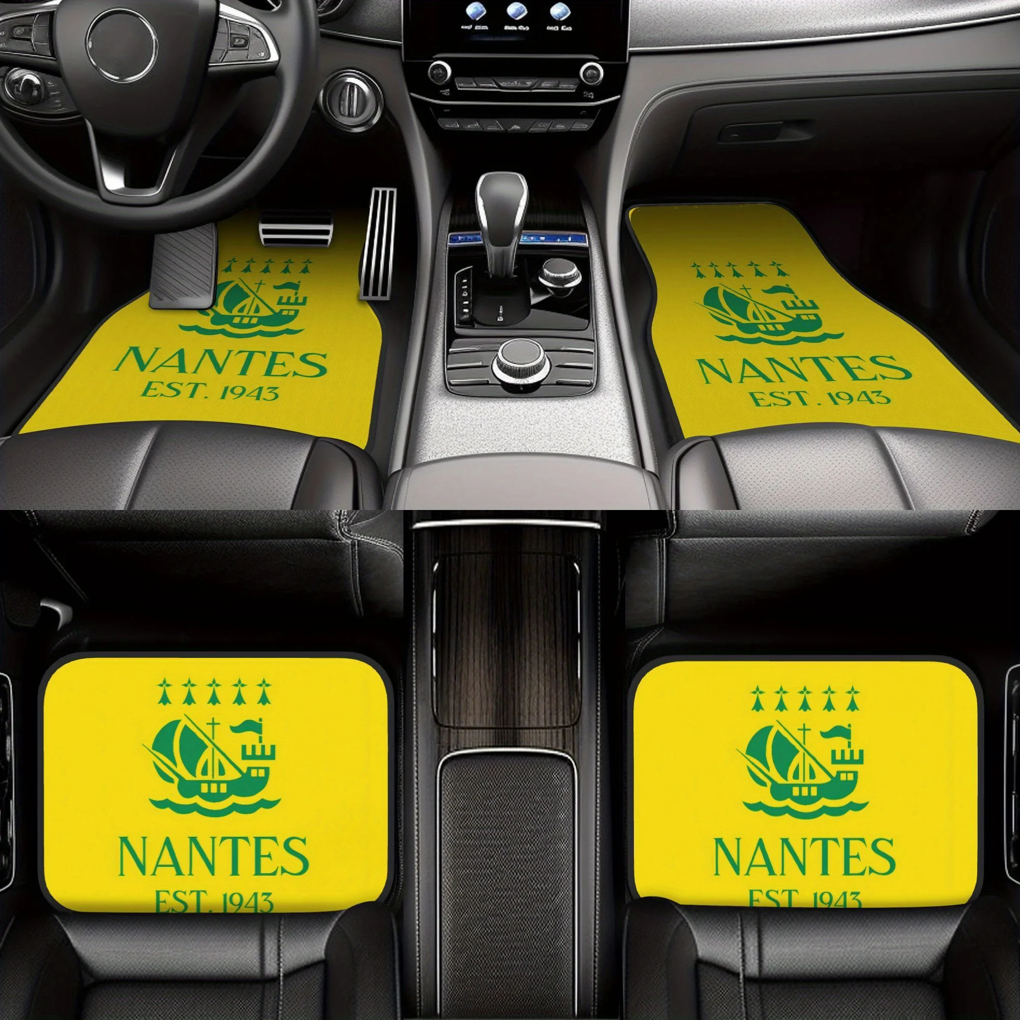 4pcs Nantes Green French Beaujolais Stadium Car Mats, Durable Polyester Fiber, Suitable For All Vehicle Types, Ideal Gift And St