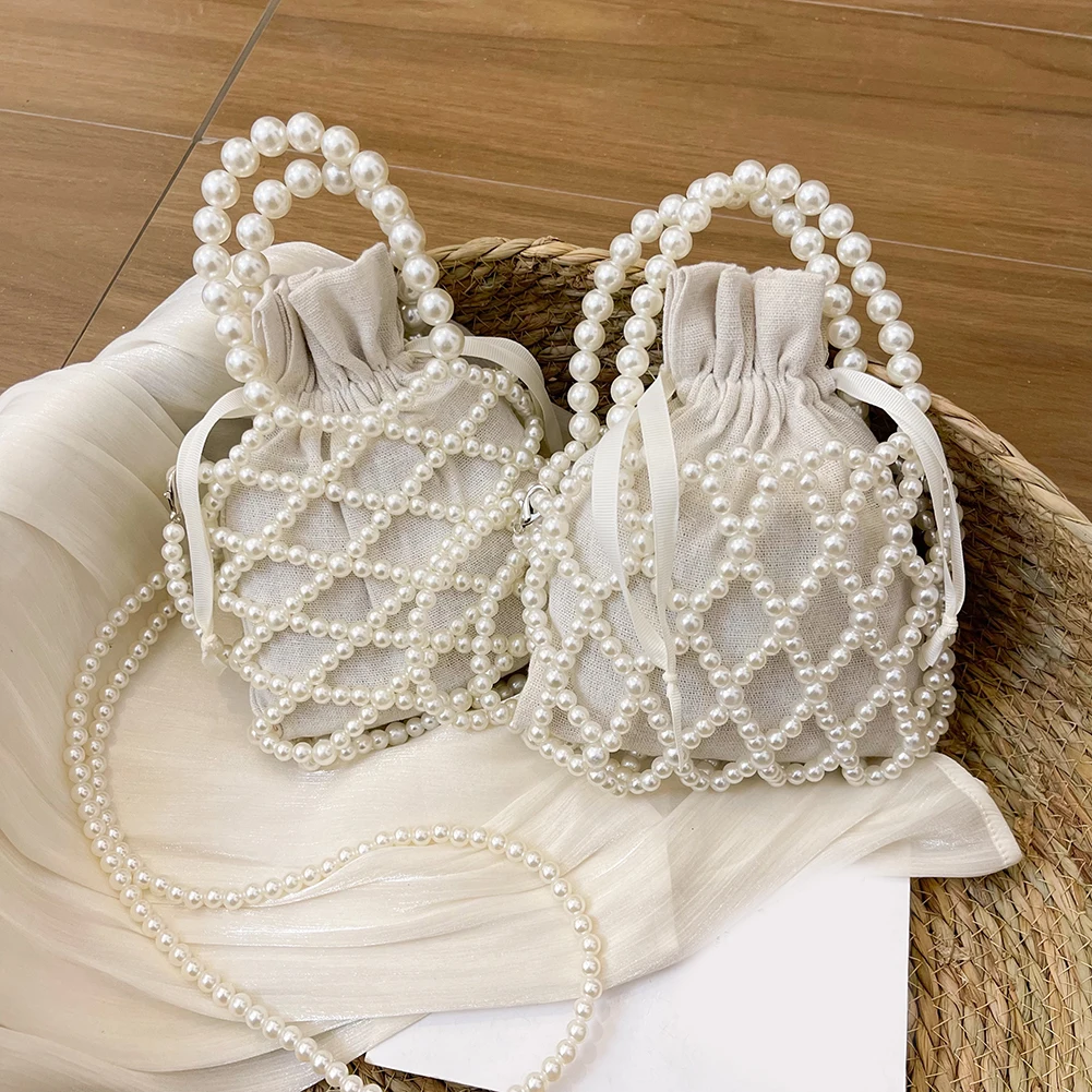 Luxury Pearl Women Bucket Tote Bag Woven Pearl Crossbody Bags for Women Small Wallet Handbag Casual Drawstring Female Coin Purse