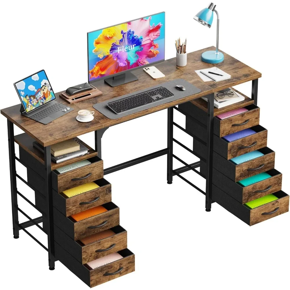 

Writing Desk, with 10 Fabric Drawers Classified Organizer - 55"/140 Office Desks with Ample Storage, Writing Desk