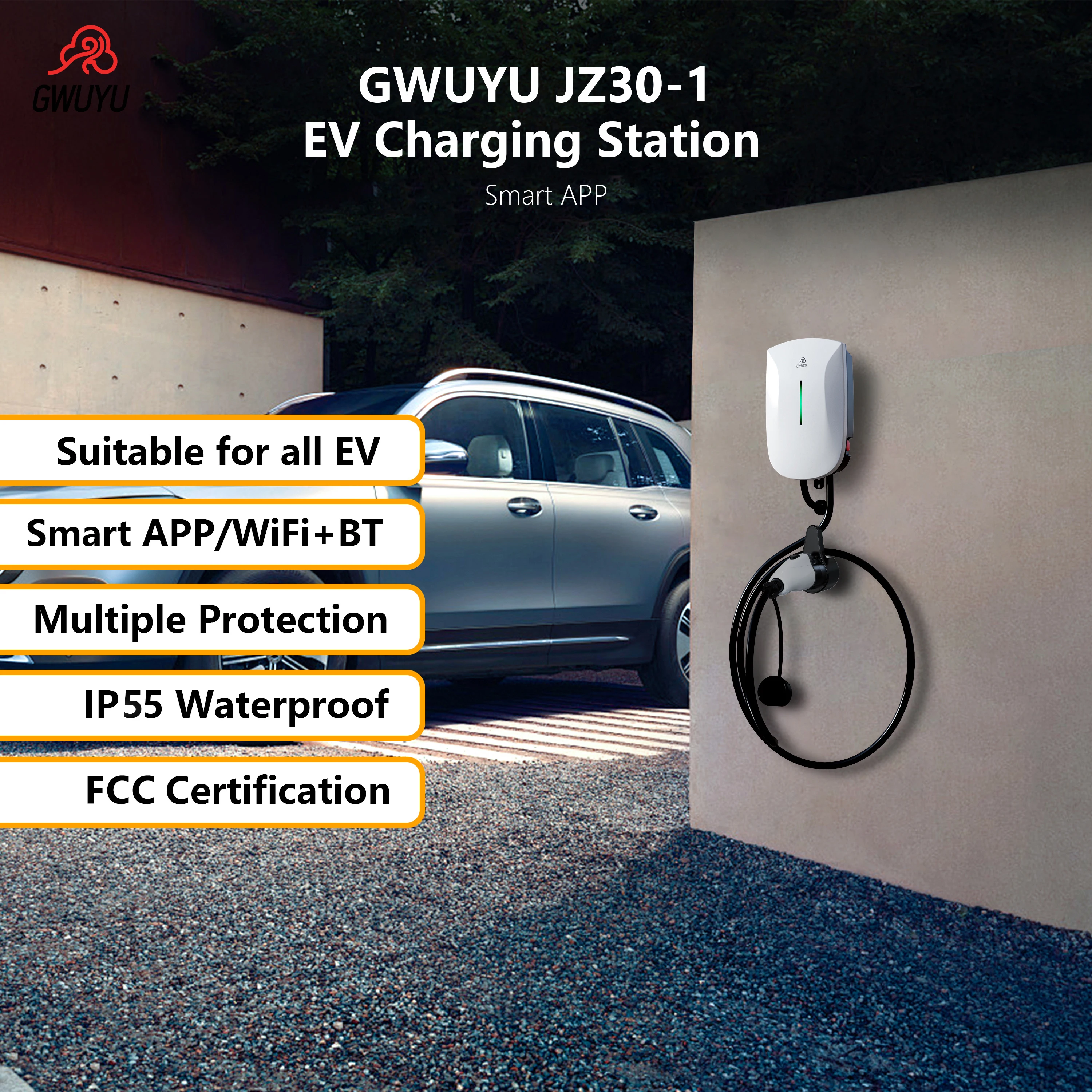 GWUYU Type1 SAE J1772 Level 2 Wallbox Charger 7/9.6/12KW WiFi APP Control Household Electric Vehicle Charger