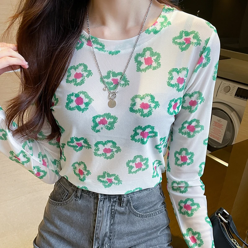 Women T Shirt Semi-Transparent Mesh Tops Long Sleeve Female O Neck Printed Flowers T-Shirt Top