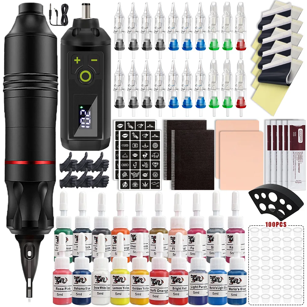 

Professional Tattoo Pen Machine Kit With Wireless Tattoo Power Supply Rotary Tattoo Gun Set Beginner&Artists Tattoo Practice Kit