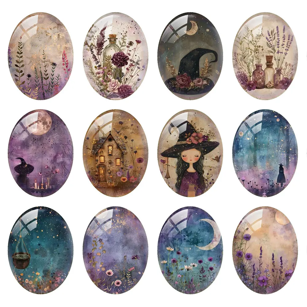Random Mixed Round/Oval/Square Vintage Witch Herb Moon Hat Photo Glass Cabochon Flatback Demo Cameo For Diy Jewelry Making
