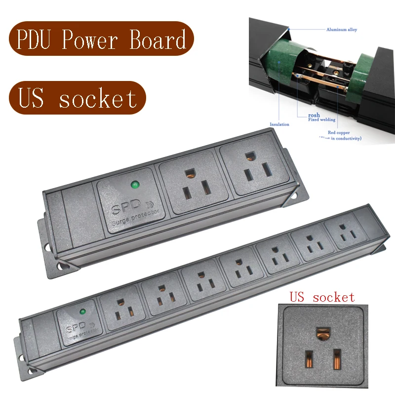 Aluminum alloy shell high-power PDU power board US socket C14 port 1-10AC with surge protection