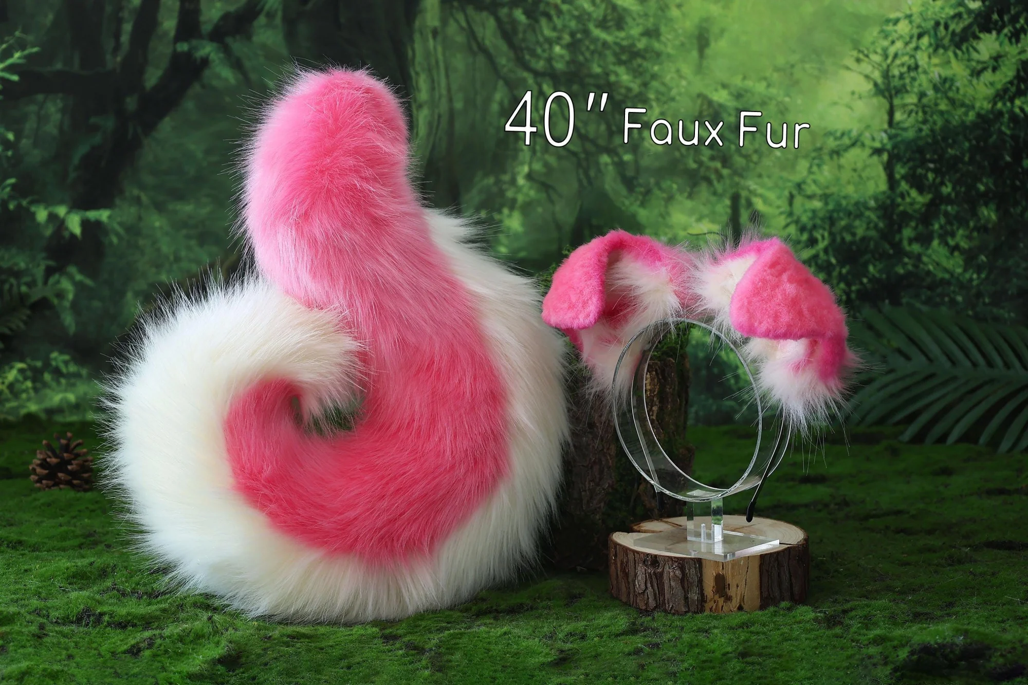 Pink white sheepdog ears and tail set, dog cosplay costume, animal ear headband, faux fur tail, Halloween accessories 2