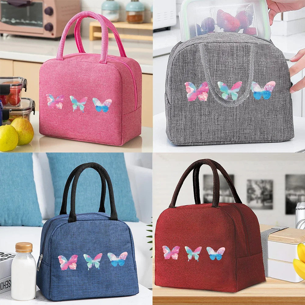 

Portable Lunch Bags for Women Three Butterflies Pattern Handbags Insulated Lunch Box Unisex Tote Cooler School Food Storage Bags