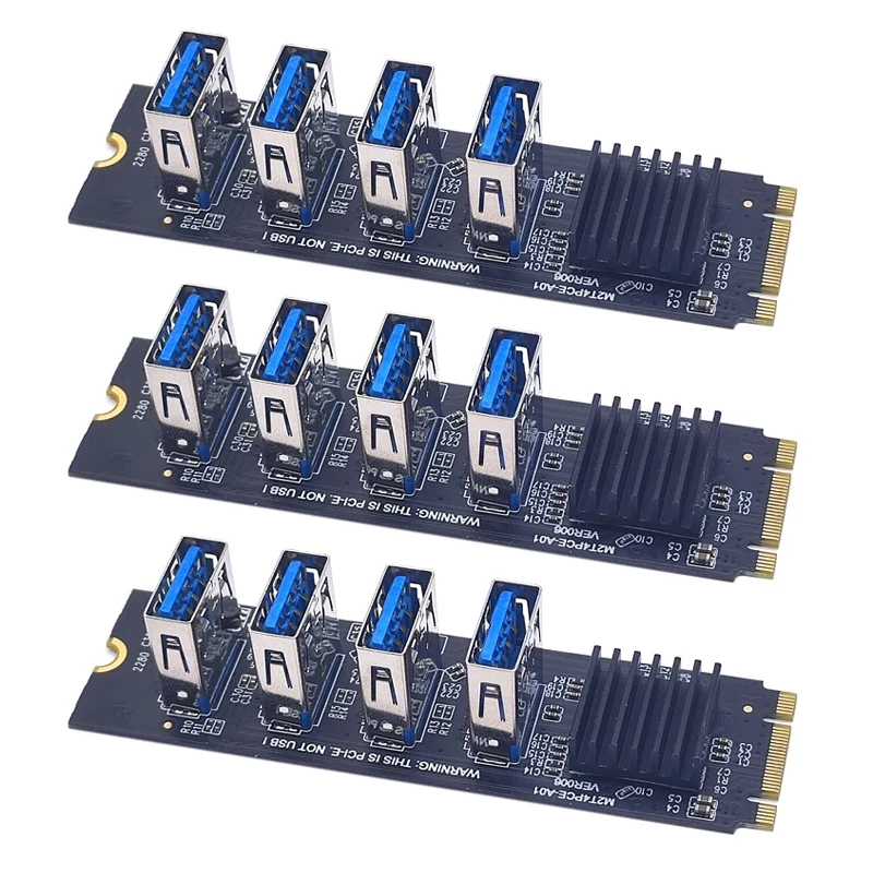 

3 шт. M.2 NVME KEY-M к 4-портовому слоту адаптерной карты PCI-E 1–4 USB3.0 Карта расширения видеокарты M.2 PCIE Riser Card