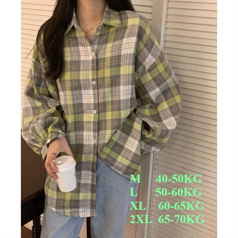 Plaid Shirt Women Fashion Loose Straight Single Breasted Pretty Style Blouses Casual Outwear Turn Down Collar Female Shirts