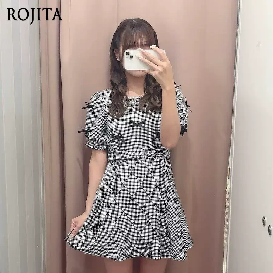 

Новое женское короткое платье Sweet Girl с коротким рукавом, приталенное, в японском стиле, весна-лето, с 3D-бантом, ромбовидным узором и поясом на высокой талии