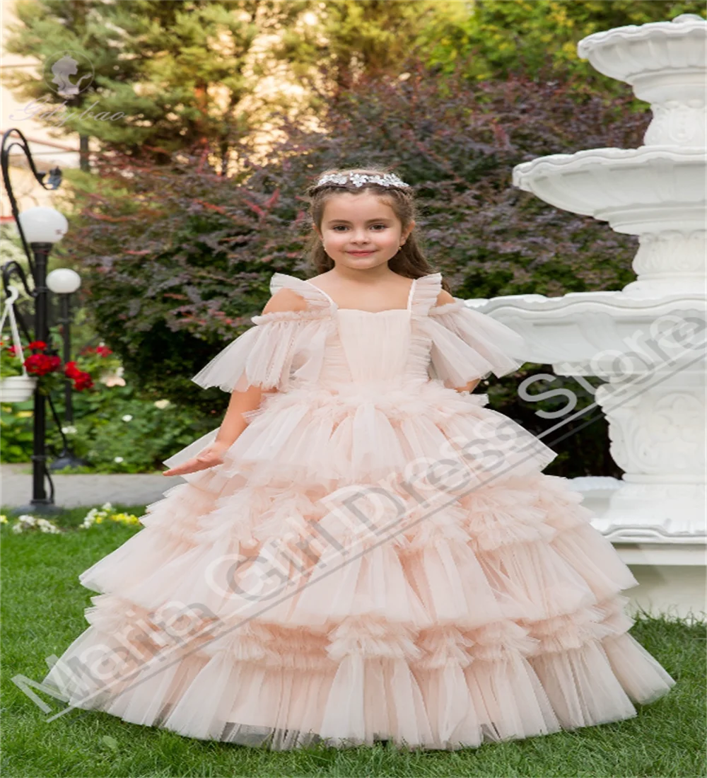 女の子用オフショルダーフラワーガールドレス、ふわふわエレガントなイブニングウェディングドレス、子供の最初の誕生日パーティーイベント写真撮影用