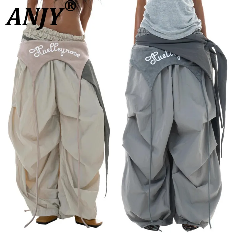 

ANJY Autumn New Women American Street Style Waist Cincher Wide-Leg Hip-Hop Pants Ins Fashion Tide Patchwork Sports Casual A12731