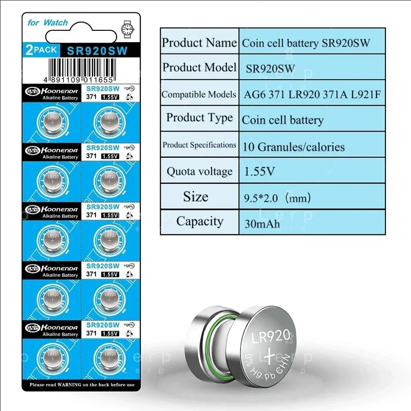 Sr920sw-Pile bouton universelle, adaptée aux montres à oxyde d'argent, montre à quartz, AG6/IR920/171/IR69/371