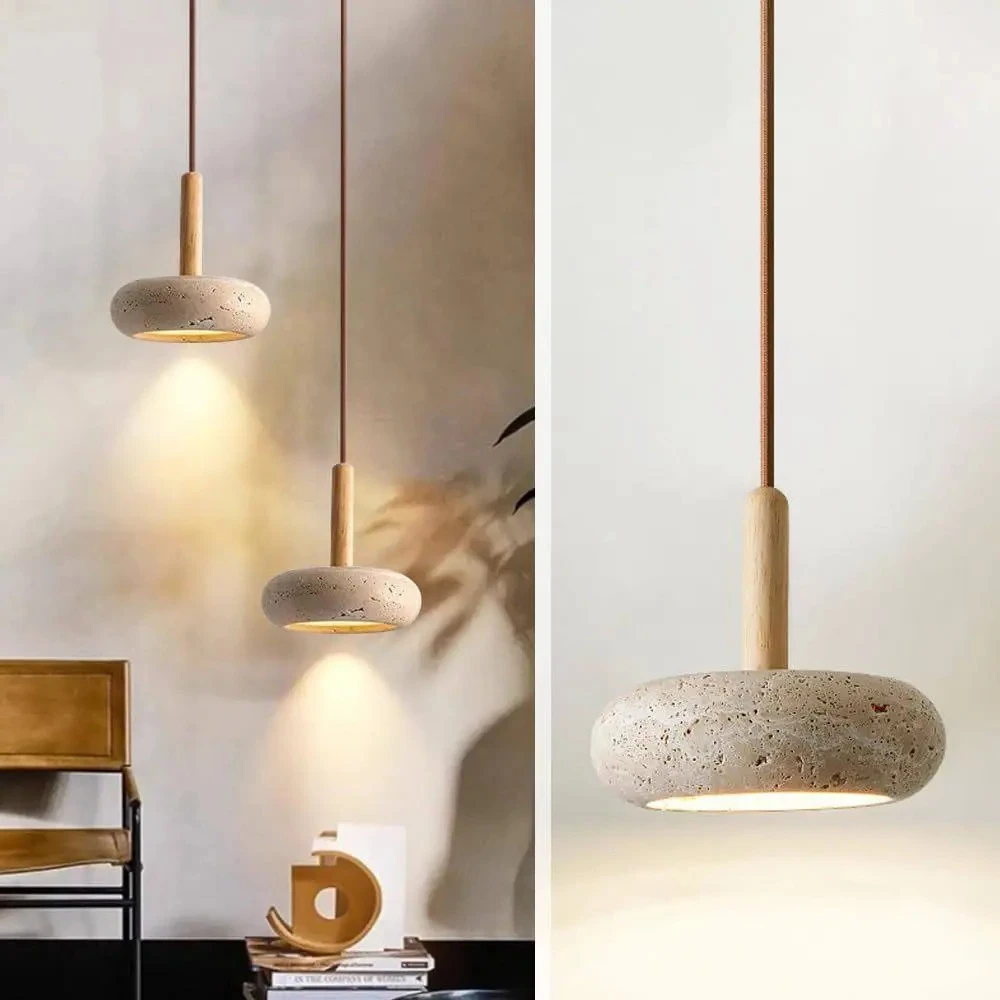 Yellow Travertine Wood Pendant Lamp Wabi Sabi Nordic Circular for Kitchen Island Bedroom Bedside Luma Home Decor