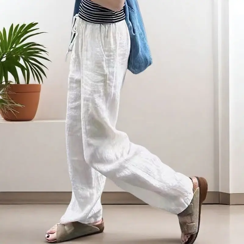 White Linen Wide Leg Pants for Women Spring Summer Thin Loose Casual Straight Trousers Trendy