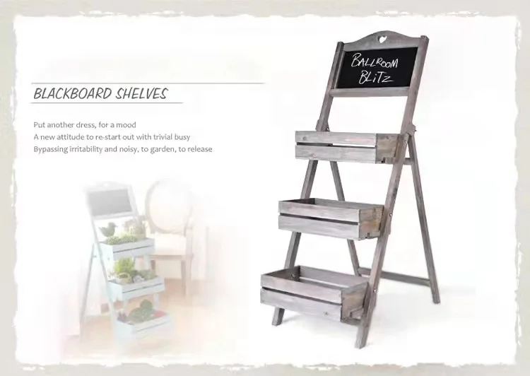 สไตล์ย้อนยุค 3 ชั้นไม้ Succulent พืช Chalkboard พับชั้นวางสินค้าสําหรับ Garden ผ้าร้านกาแฟ Decor