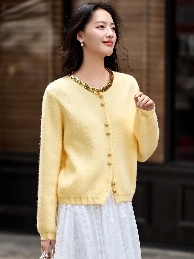 SENTUBILA Cardigan casual da donna 2025 Autunno monopetto con paillettes maglioni tinta unita manica lunga top in maglia femminile W54EB3954