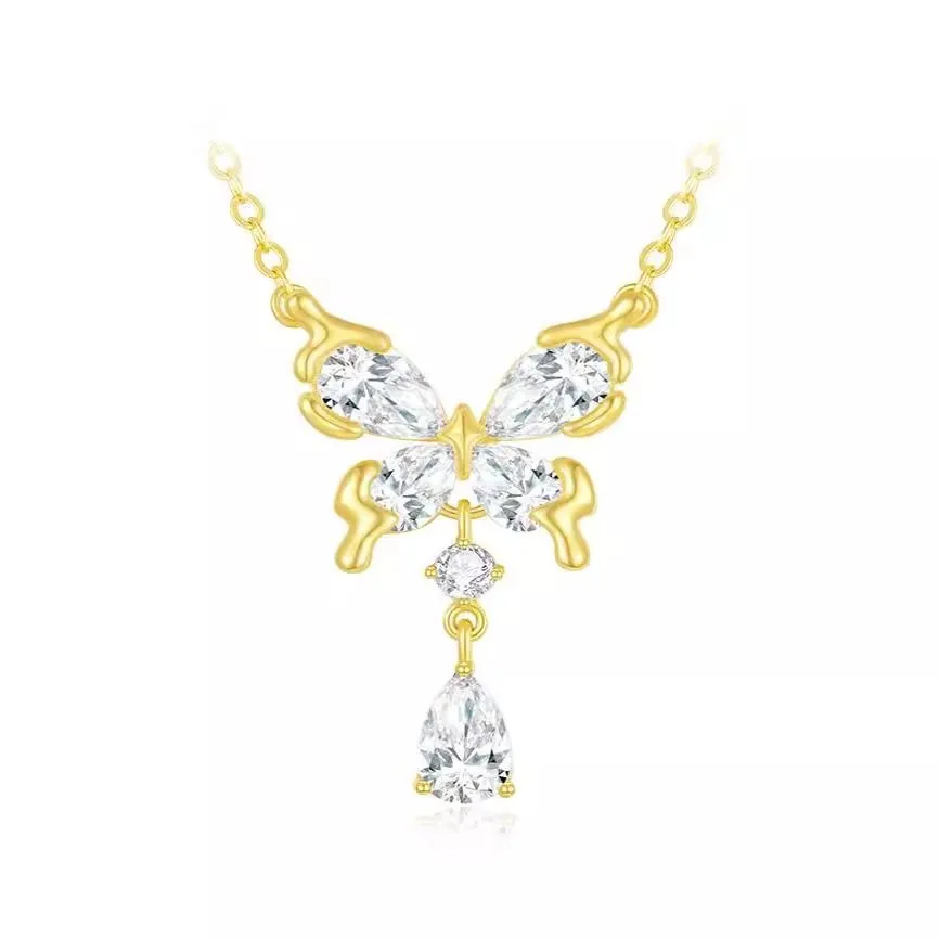 PANJBJ S925 Sterling Silver Zircon Butterfly Necklace For Women Water Drop Tassels Grace Banquet Jewelry Gift Dropshipping image 3