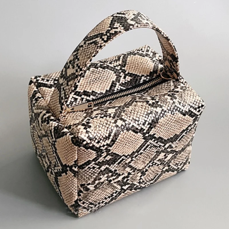 Classic Design Snake Print Handbag Women's Stylish New Square Soft Leather Large Capacity Clutch Makeup Bag