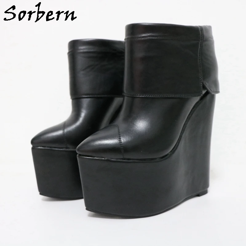 

Sorbern 18Cm Wedge Heel Ankle Boots For Women Platform Folded Open Slip On Booties Pointed Toe Comfortable Walk Shoes Customized