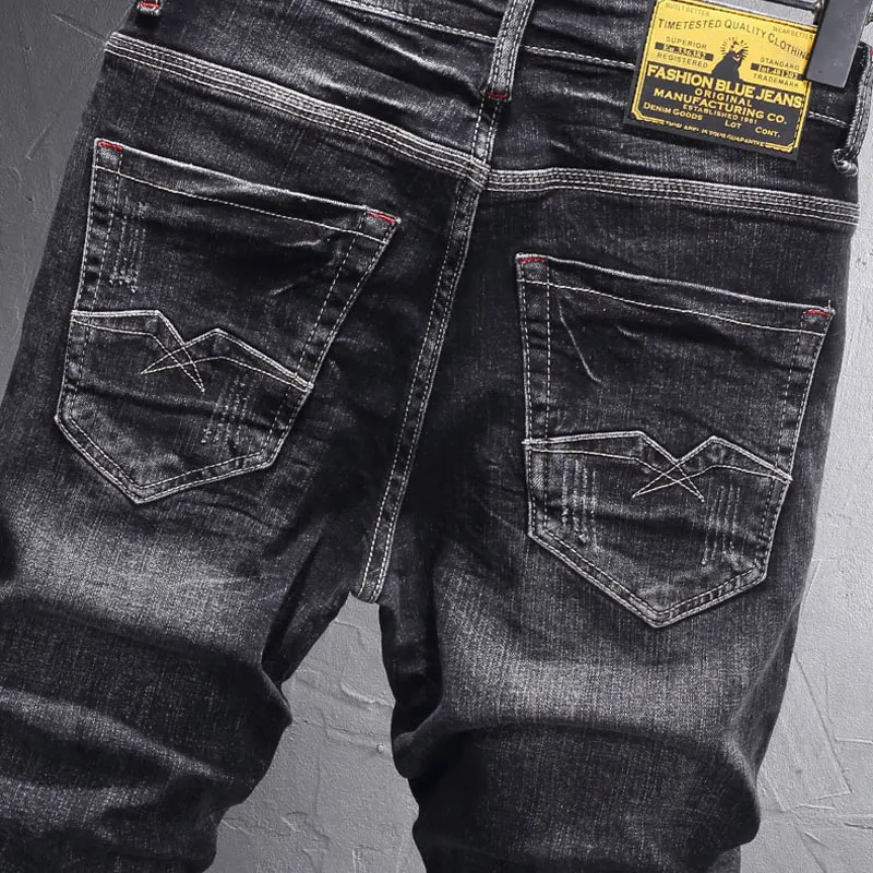 Estilo italiano moda masculina jeans retro preto cinza estiramento fino ajuste vintage rasgado jeans bordado designer casual calças jeans