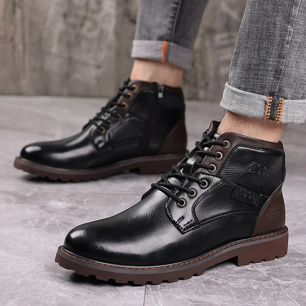 Leather Men Ankle Botas Plus Size Retro High Top Shoes Outdoor Work Casual Shoes Motorcycle Combat Boots Fashion Autumn Brown