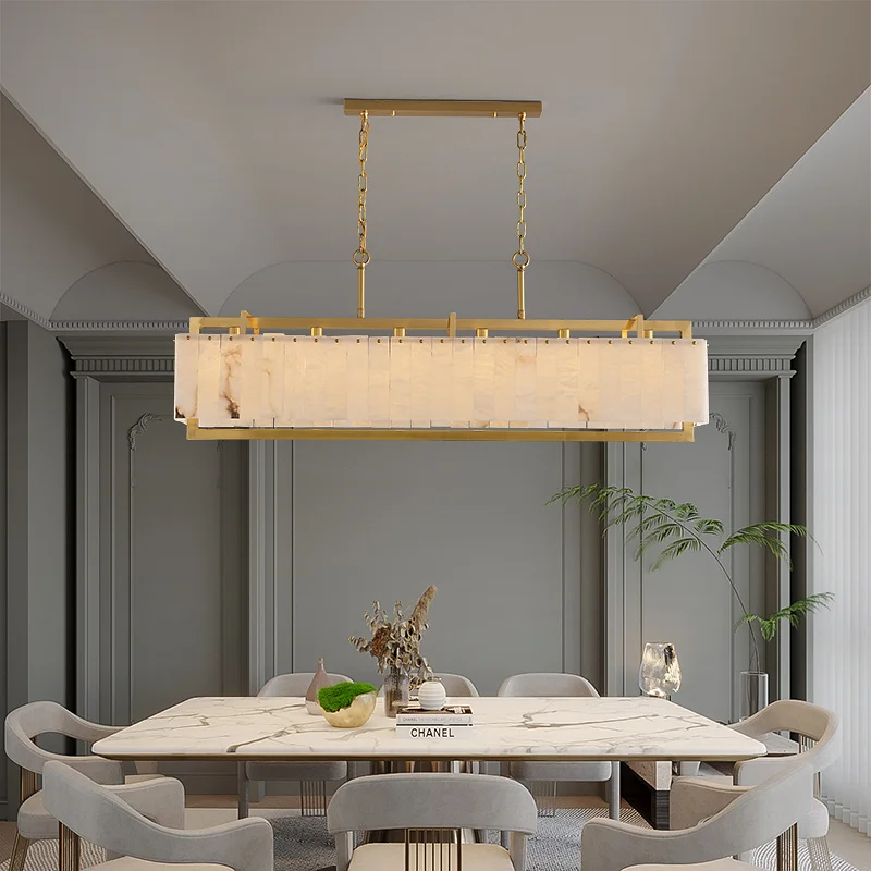 

Nordic Style Living Dining Room Designer Brass Pendant Lights Modern Villa Duplex Long Dining Table Marble Chandelier Lamp