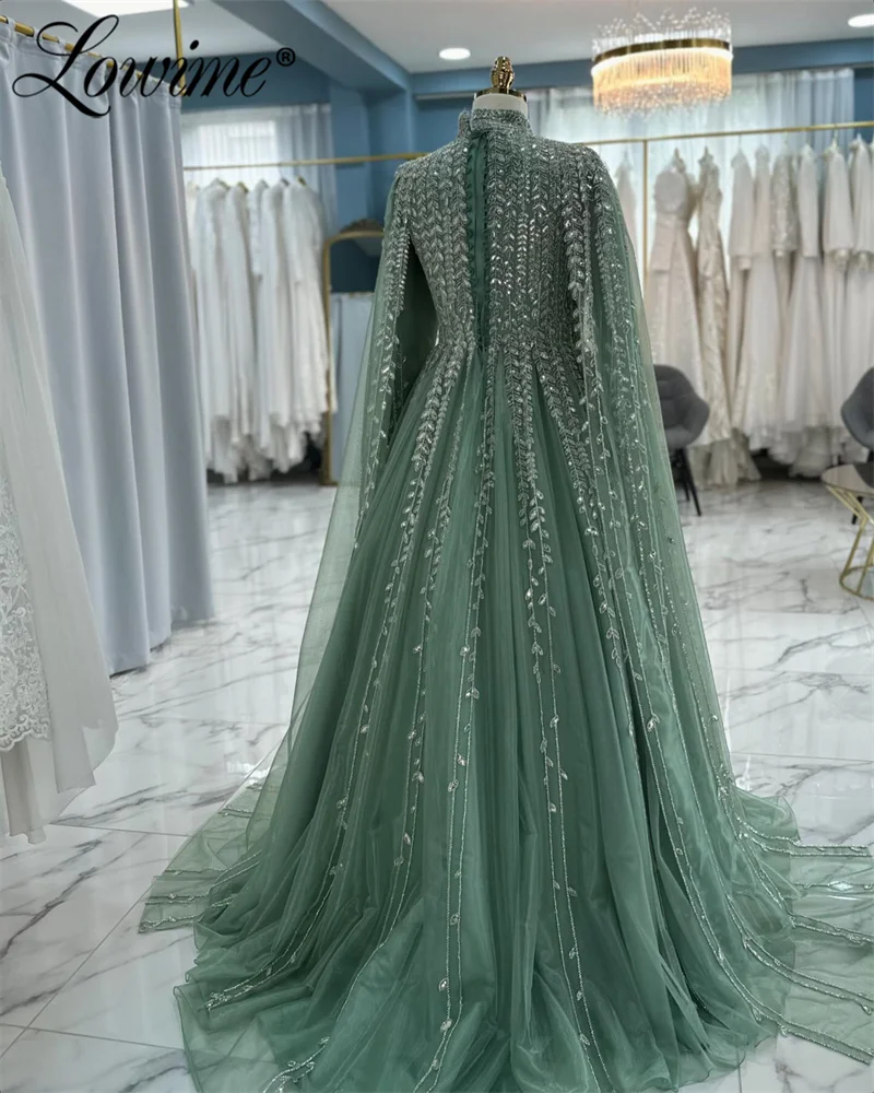 Dubai Muslim Cape Sleeves Green Evening Dress Saudi Arabia A-Line Prom Dresses Beaded Arabic Engagement Party Dress Customized