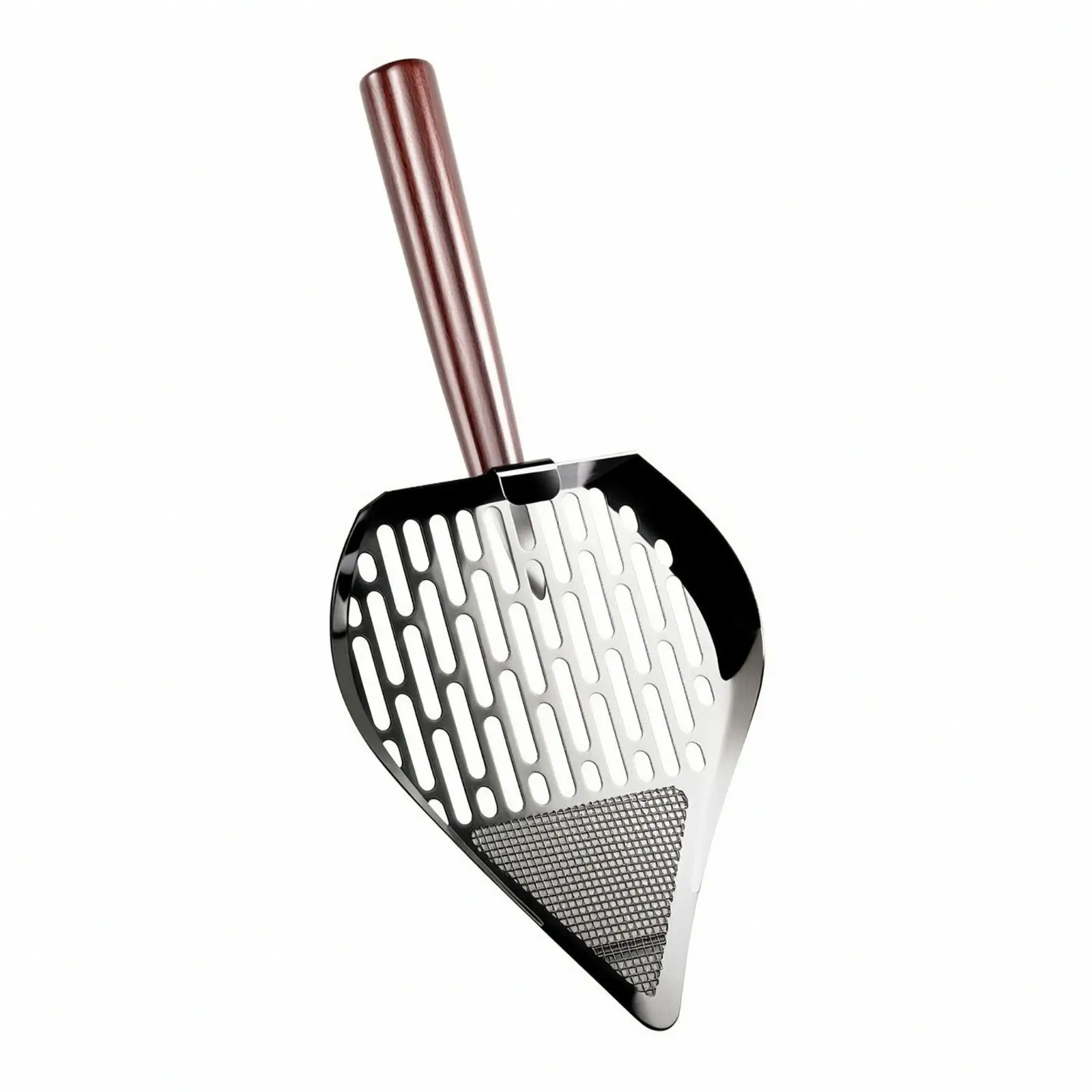 Solid Wood Cat Poop Scoop with Silver Steel Basket for Stackable Carrier and Litter Box Maintenance
