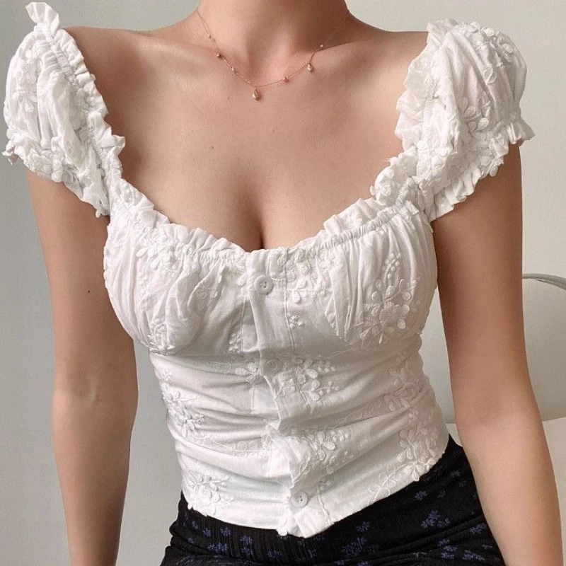 

Fungus Edge Three-dimensional Embroidery Spice Girl Lace Summer Slim and Thin Bubble Short-sleeved Sweet Top