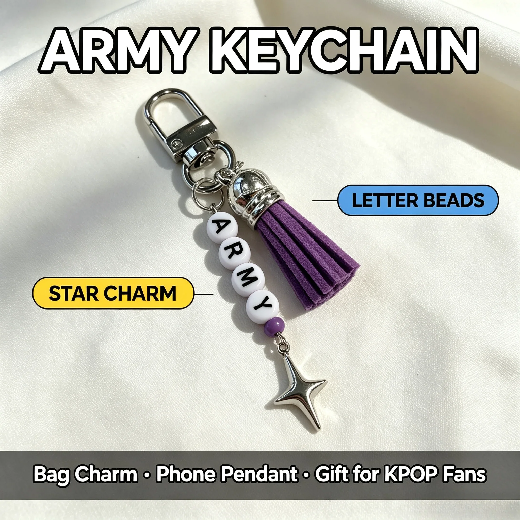 Kpop BTS Keychain Purple Tassel Number 7 Charm Beaded Bag Charm Phone Pendant ARMY Concert Fans Gift