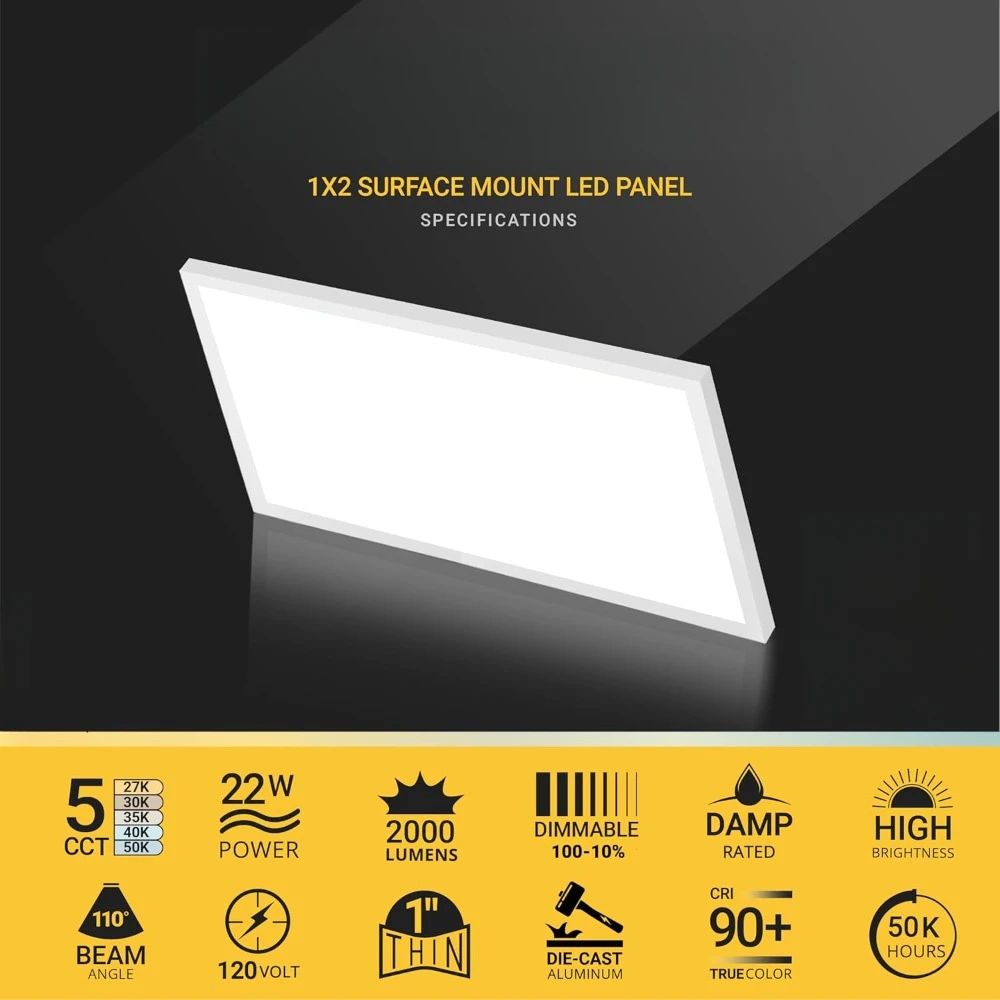 LED Flat Panel Light Surface Mount, 2000LM, 22W, Internal Driver, Dimmable, 120V, 1x2 FT Ultra-Thin Ceiling Light Fixture