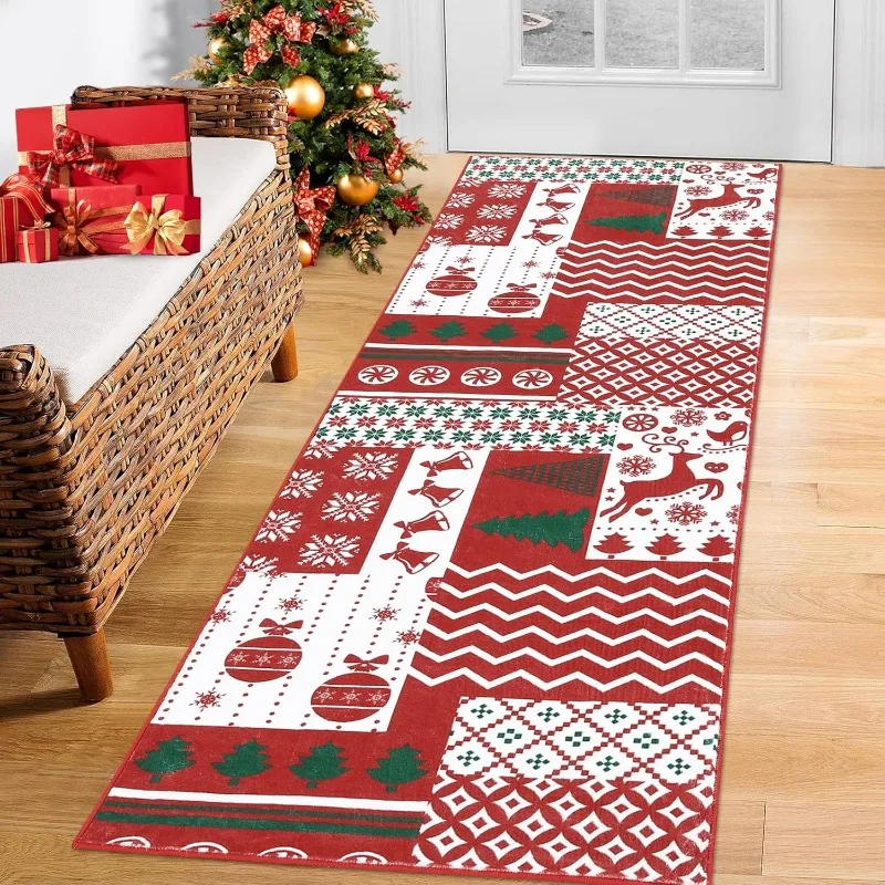 

Christmas Series Corridor Carpet Reindeer Christmas Tree Print Runner Rug Machine Washable Non-slip Bedroom Bedside Mat 러그 Tapis