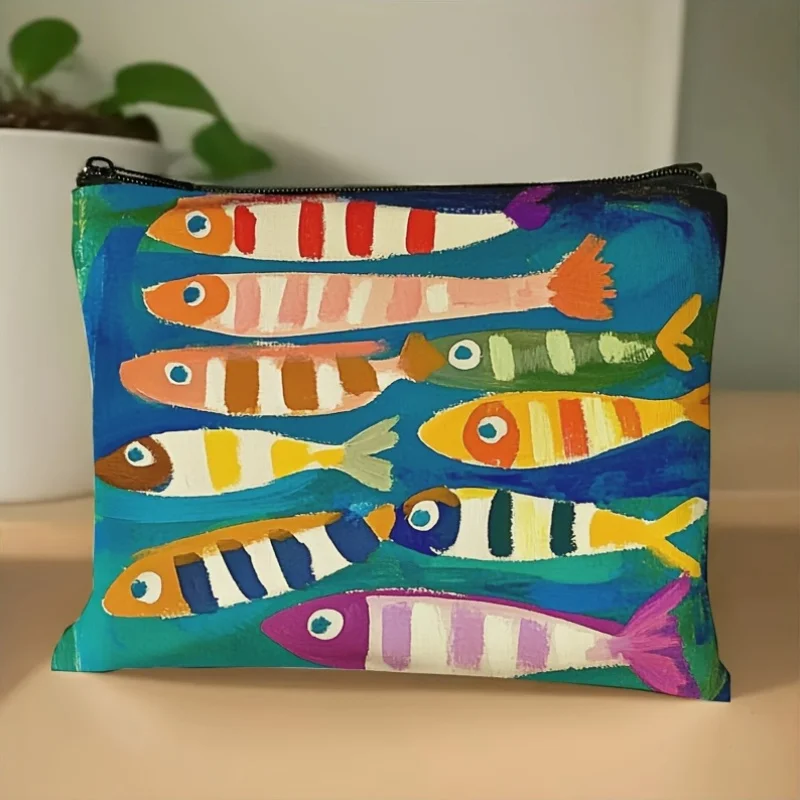 1pc colorido listrado peixe padrão saco de maquiagem-bolsa de armazenamento portátil elegante, bolsa de moedas multifuncional com fecho de zíper