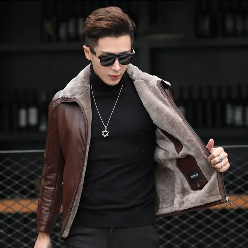 Slim Fit Short Leather Coat Men Thicken Fur Leather Jacket Men Fashion Solid Color Large Size Casual Turn-down Collar Outwear