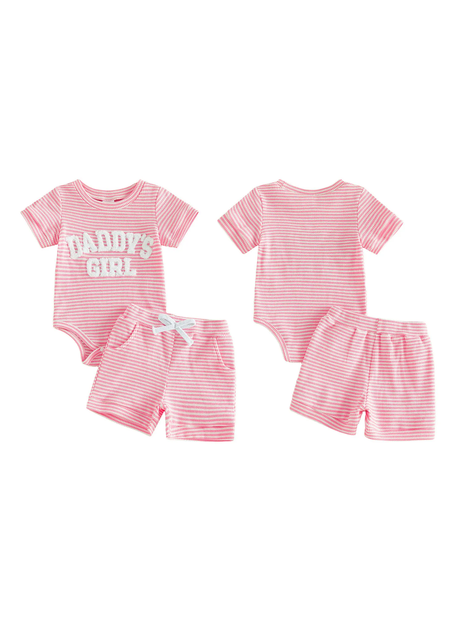 

Очаровательный комплект из хлопкового ромпер-комбинезона для маленьких девочек с милыми вышитыми буквами, полосатым топом с короткими рукавами и эластичной резинкой на талии.