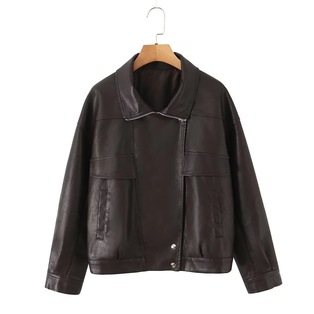 Herbst neue frauen kleidung lässig temperament lose kragen lange ärmeln einfarbig reißverschluss PU leder jacke jacke jacke