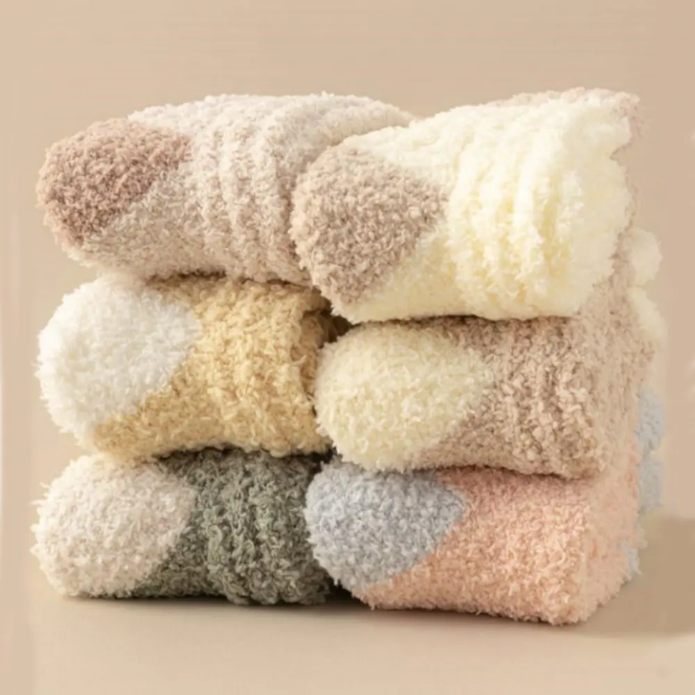 3Pairs Cute Thickened Coral Fleece Socks Sleeping Winter Floor Plush Socks Hosiery Simple Mid Tube Socks Women Winter