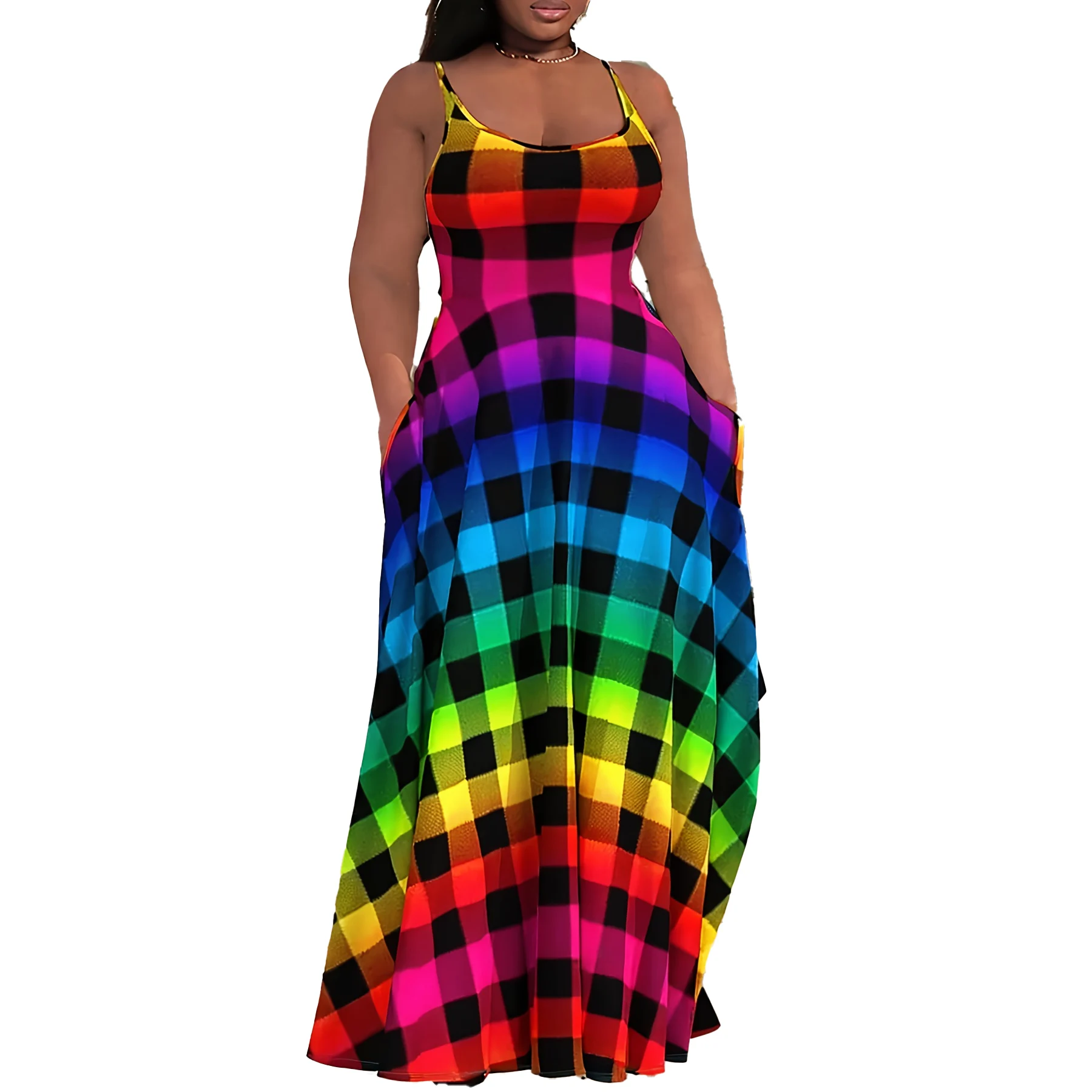 

Rainbow Plaid Suspender Dress For Holiday Leisure