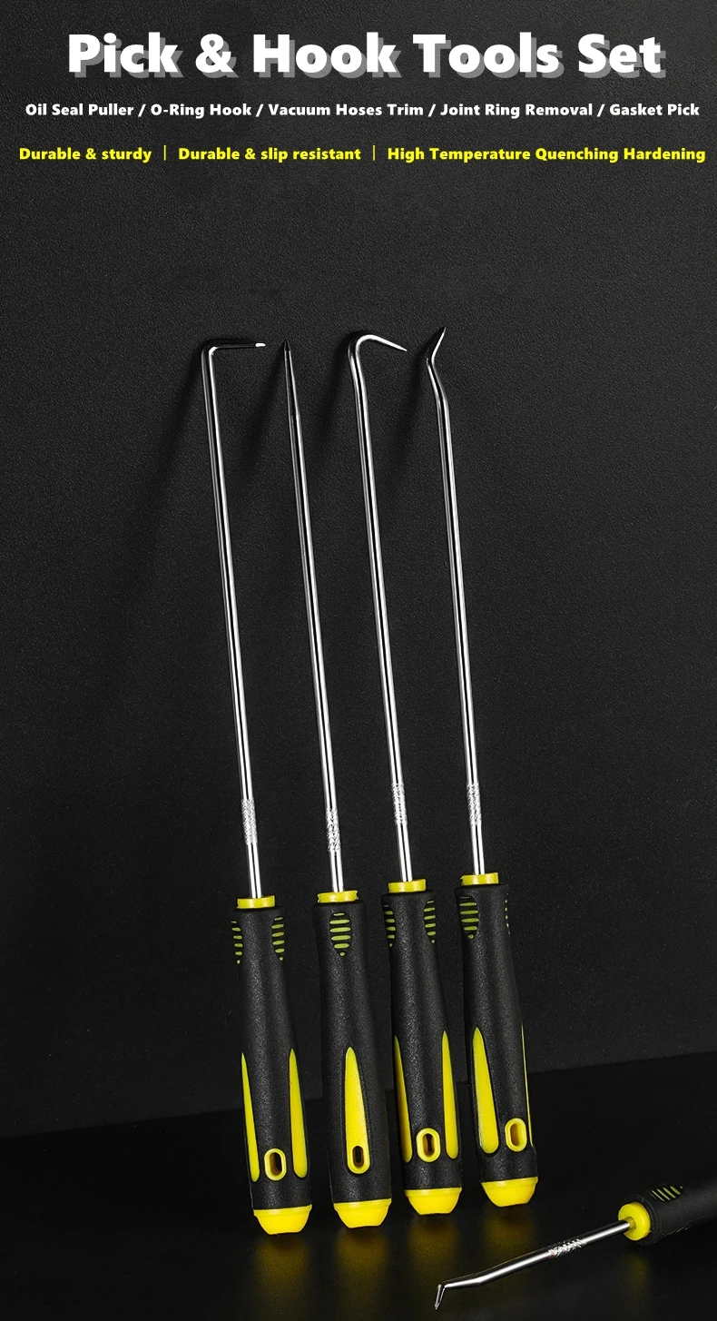 

Professional 4PCS Gasket Pick & Hook Set, Long Reach Tools for Removing Oil Seal, O-Ring & Gasket in Auto Repair