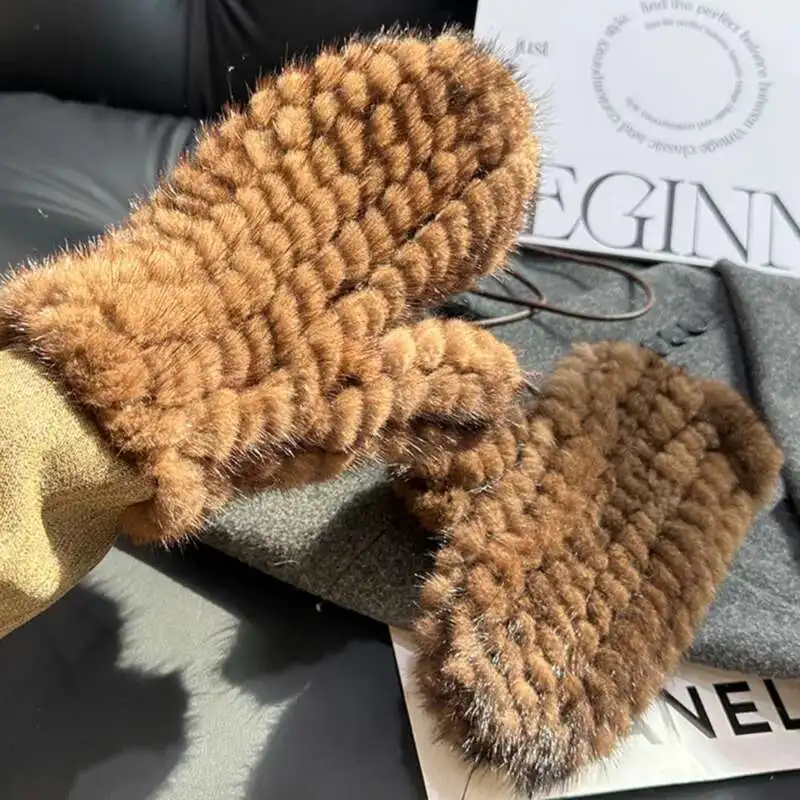 Real Mink Fur Gloves For Women Winter Warm Protection Mink Fur Knitted Full Finger Gloves With Straps Ladies Elastic Fur Gloves